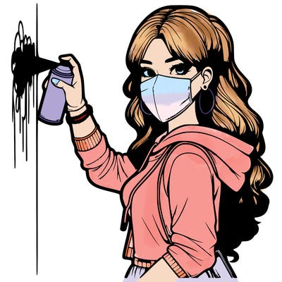realistic girl with mask spray painting a wall
