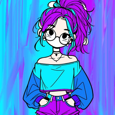 girl with a messy ponytail glasses a baggy crop top and jean shorts