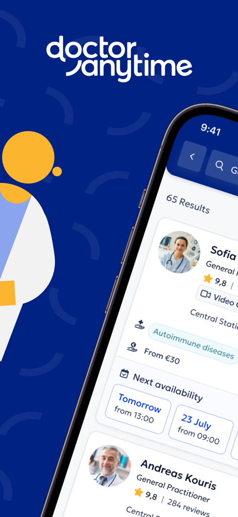 Doctoranytime - Doctoranytime mobile app interface showing a list of doctors with ratings and available appointment times