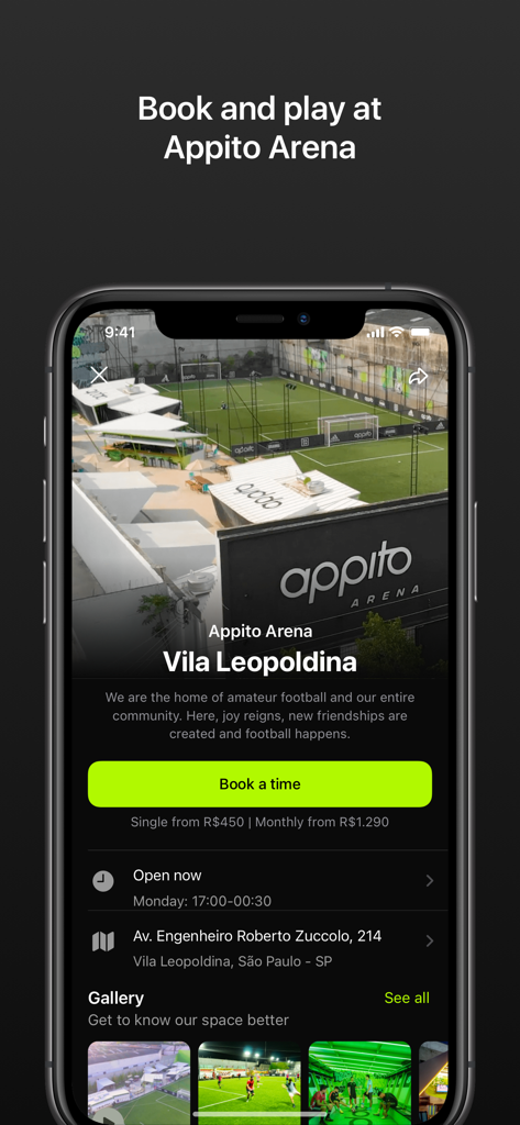 Mobile app screen showing details and booking options for a soccer field at Appito Arena.