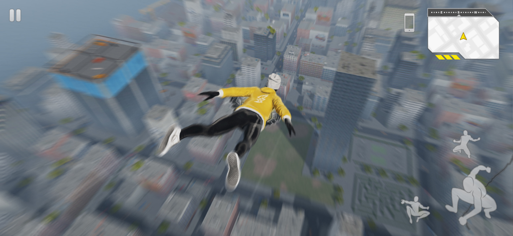 Spider Fuser - A character in a yellow hoodie diving through the air above Starfall City in the Spider Fuser mobile game.