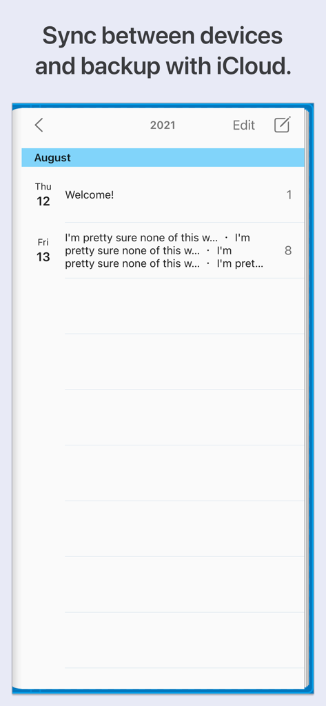 Notebook - Diary & Journal App - Notebook-App-Oberfläche, die die iCloud-Synchronisierungs- und Backup-Funktion für Tagebucheinträge zeigt