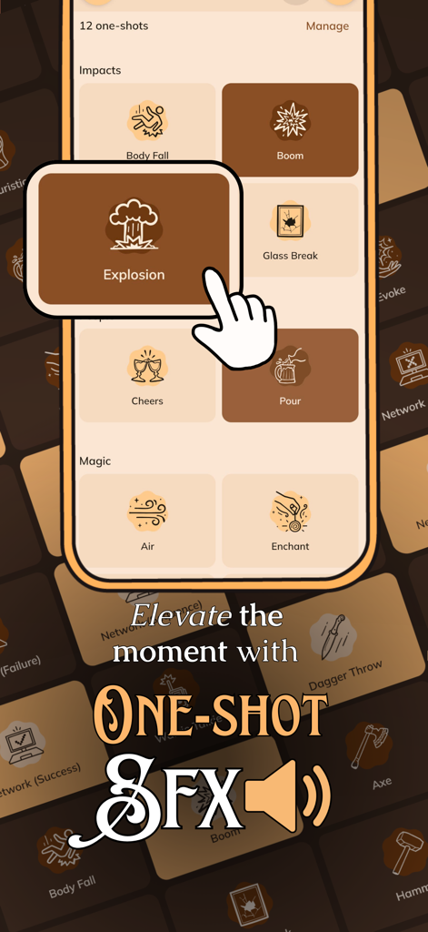 Pocket Bard - A mobile interface of the Pocket Bard app showcasing one-shot sound effect buttons like explosion and magic for tabletop RPG games.