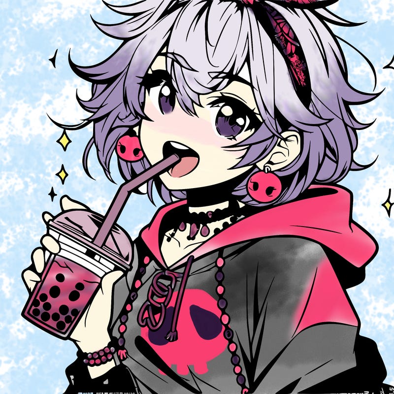 hot baddie anime girl drinking boba and biting the straw