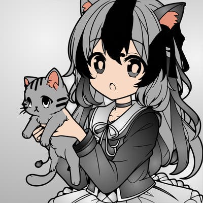 an anime girl holding a kitten