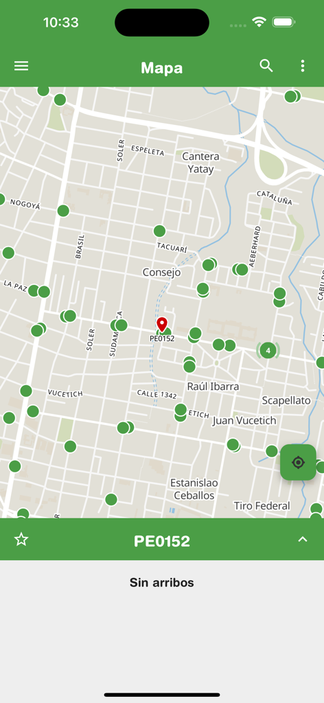 Arriba Paraná - Map view of the Arriba Parana mobile app displaying bus stop locations and real-time transit status.