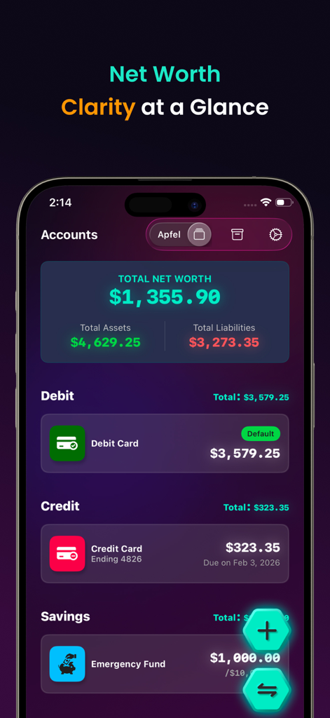 Kora Daily Expense Tracker - Kora 앱의 모바일 대시보드가 총 자산 및 부채 분석과 함께 순자산 요약을 표시하고 있습니다.
