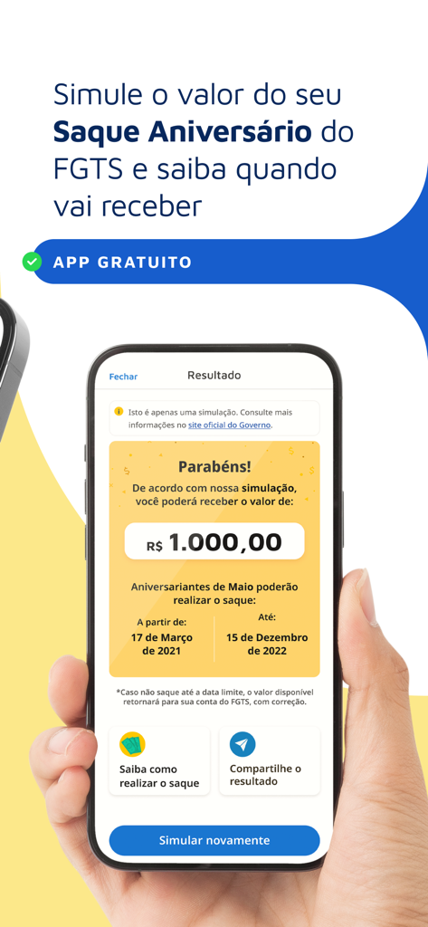 App Do TrabalhadorでブラジルのFGTS誕生日引き出しのシミュレーション結果を表示する携帯電話
