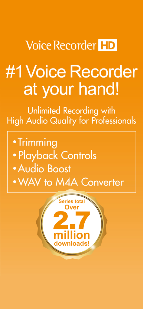Voice Recorder HD promotional graphic highlighting professional recording features and download achievement