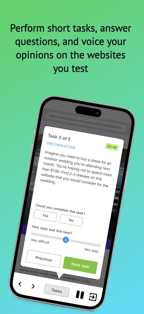 Trymata Testing - Mobile app interface showing a website testing task scenario with instructions and feedback options.