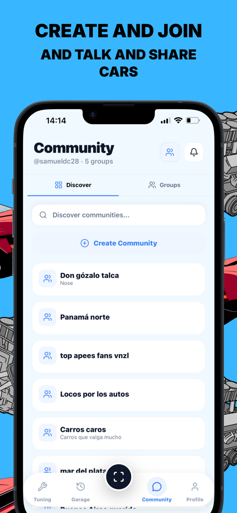 CarSnapIA : Car Scan - Smartphone displaying the CarSnapIA community interface with various car lover groups and a discover feature