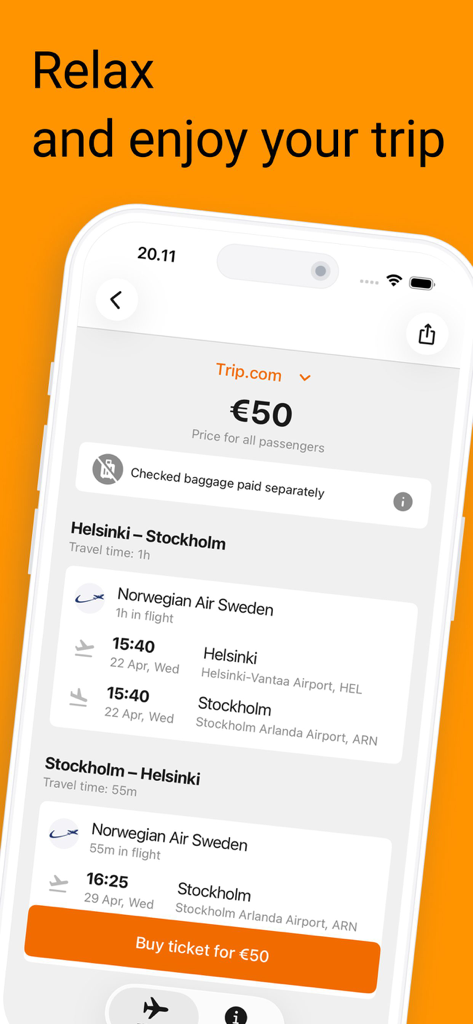 ヘルシンキからストックホルムへの往復航空券の旅程を50ユーロで表示するモバイルアプリインターフェース