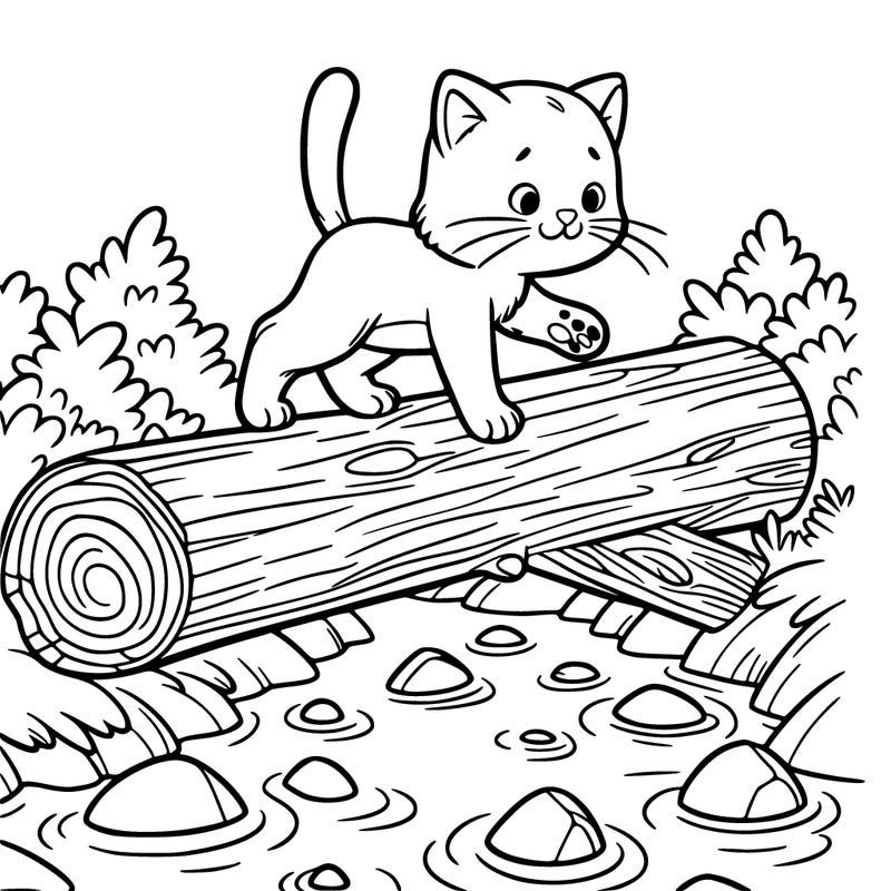 a cat balancing on a fallen log over a stream