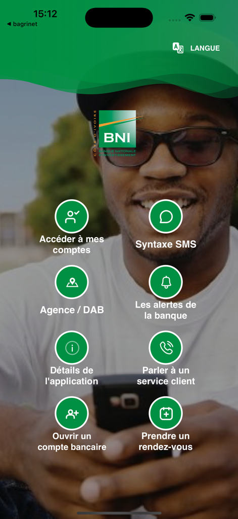 BNIONLINE - BNIONLINE mobile app main menu with icons for account access, branch locator, and customer service