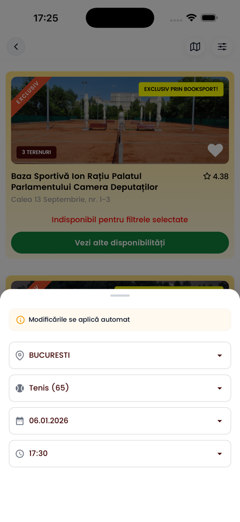 Booksport - Interface do aplicativo móvel Booksport mostrando detalhes da instalação de tênis e filtros de busca para reserva