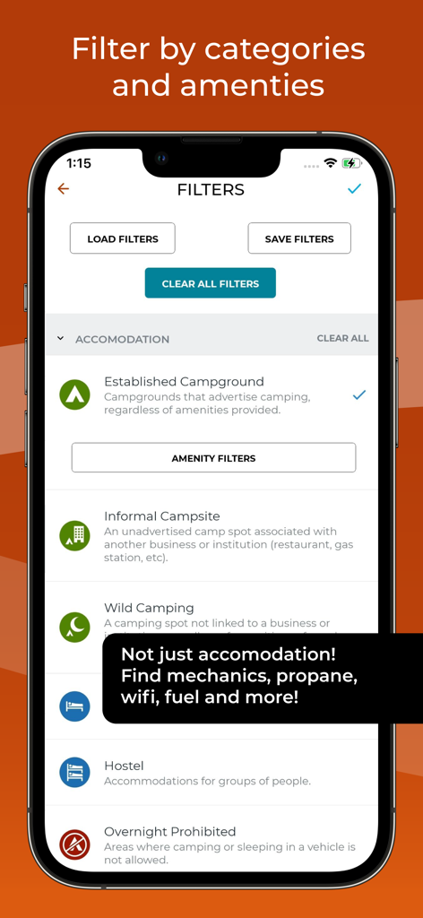 iOverlander 2 app screenshot showing filters for camping categories and travel amenities