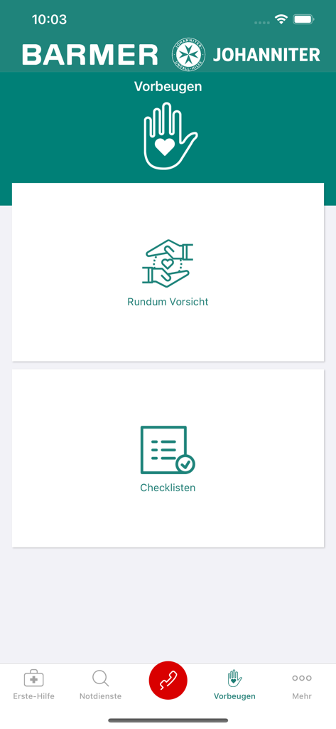 Kindernotfall-App - A tela de prevenção do Kindernotfall-App mostrando opções para conselhos de segurança e listas de verificação