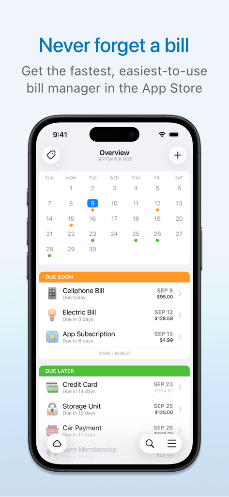 Chronicle - Bill Organizer - Pantalla de resumen de la aplicación Chronicle que muestra un calendario mensual y una lista de próximas facturas con vencimiento próximo