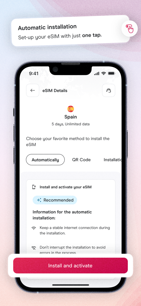 Holafly eSIM: Unlimited Data - Schermata dello smartphone che mostra l'installazione automatica dell'eSIM Holafly per dati illimitati in Spagna