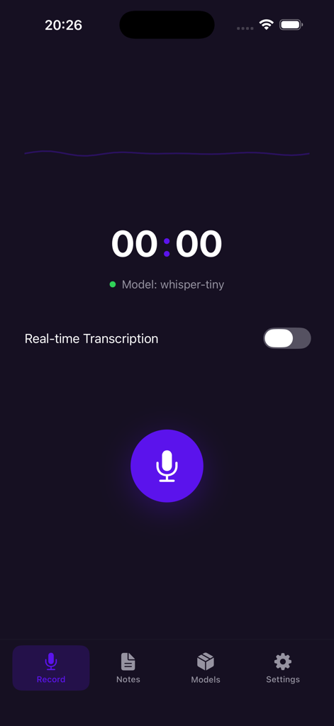 WhisperNotes recording interface showing the offline AI transcription screen with a microphone button