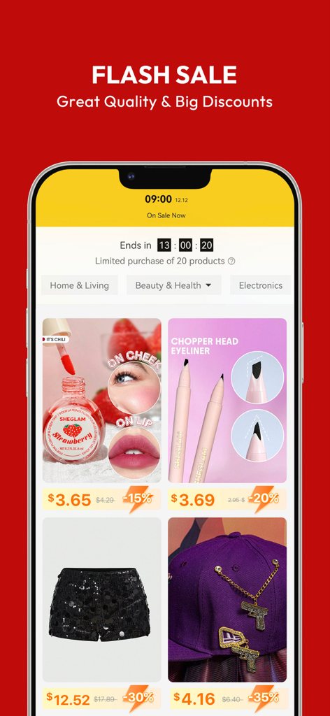 SHEIN mobile app screen showing limited time flash sale discounts on beauty and fashion items