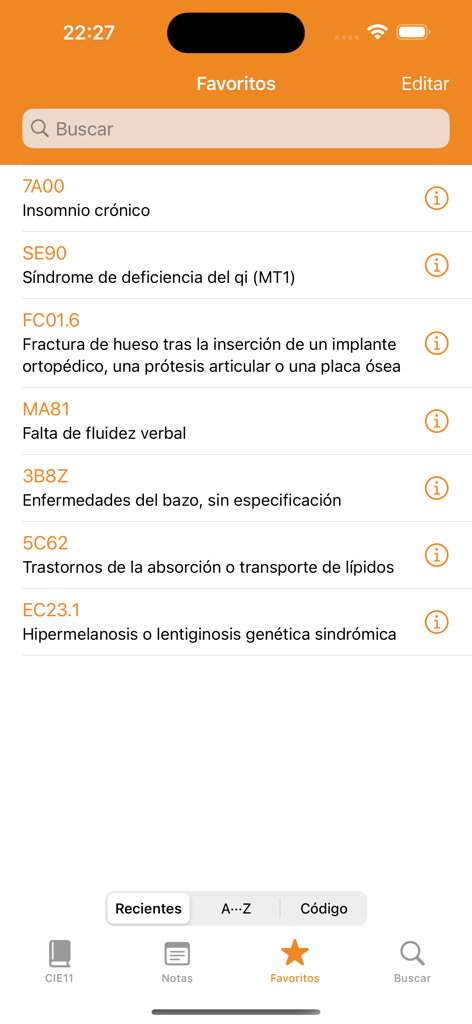 Pantalla de favoritos de la aplicación médica CIE11 que muestra una lista de códigos de diagnóstico en español.