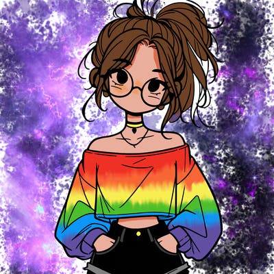 girl with a messy ponytail glasses a baggy crop top and jean shorts