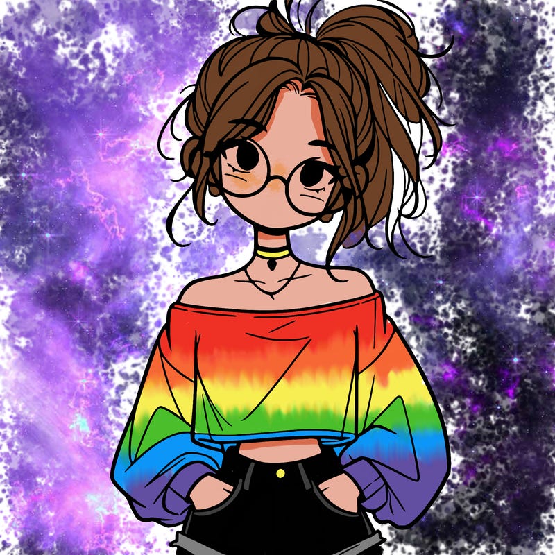 girl with a messy ponytail glasses a baggy crop top and jean shorts