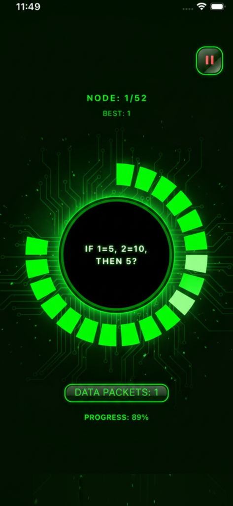 Press Under Pressure! - Neon green circular game interface with a logic puzzle and progress bar from Press Under Pressure