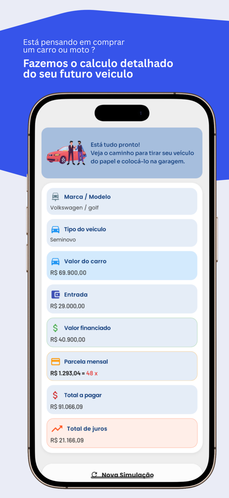 Una pantalla de aplicación móvil que muestra un cálculo detallado para un préstamo de coche, incluyendo cuotas mensuales e interés total.