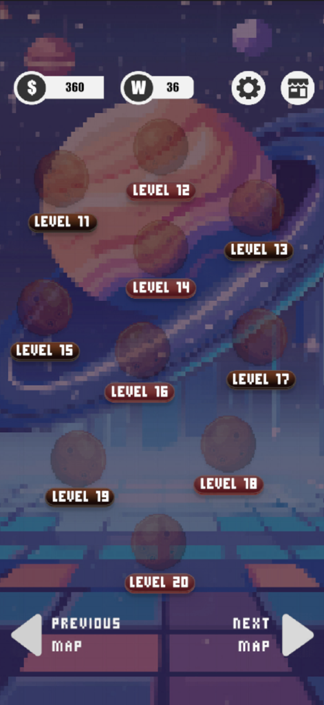 Word Blast: Word Puzzle Games - Un mapa de progresión de nivel temático espacial de arte de píxeles en Word Blast que muestra los niveles once a veinte en varios planetas.