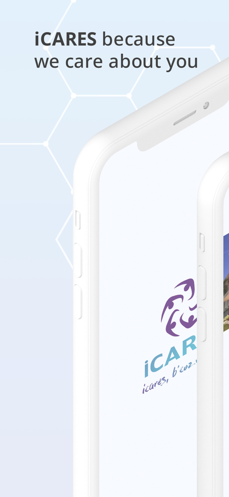 iCARES Smart Community - Introductory screen for iCARES Smart Community app with slogan because we care about you