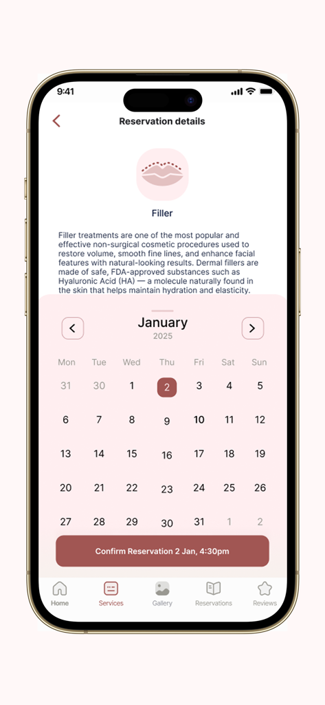 MED X For Diva Clinic - カレンダー選択付きのフィラー治療予約画面