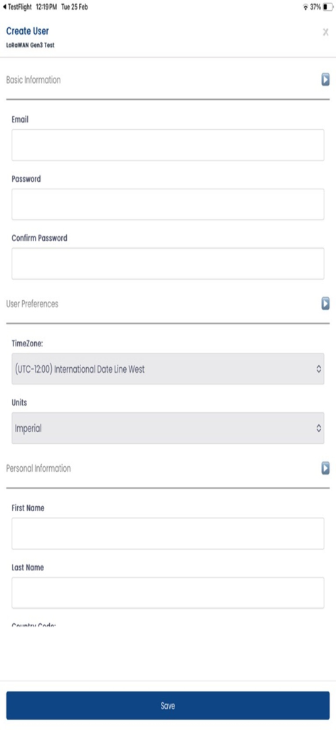 CT APP - Create User registration form in the CT APP with fields for account details and preferences