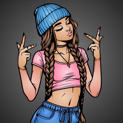 realistic teenage girl with braids and a beanie and crop top doing 🫶🏼