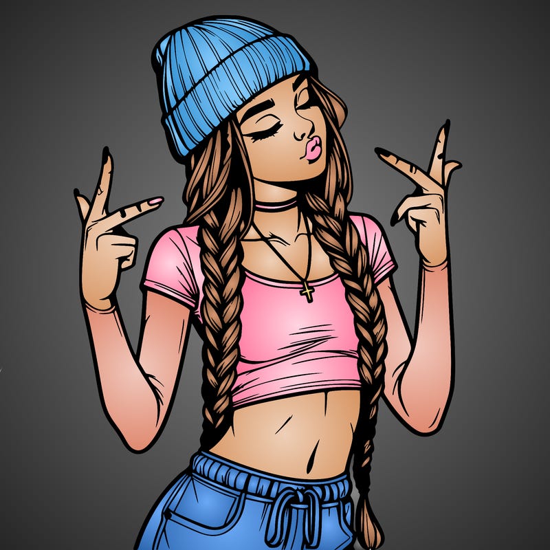 realistic teenage girl with braids and a beanie and crop top doing 🫶🏼