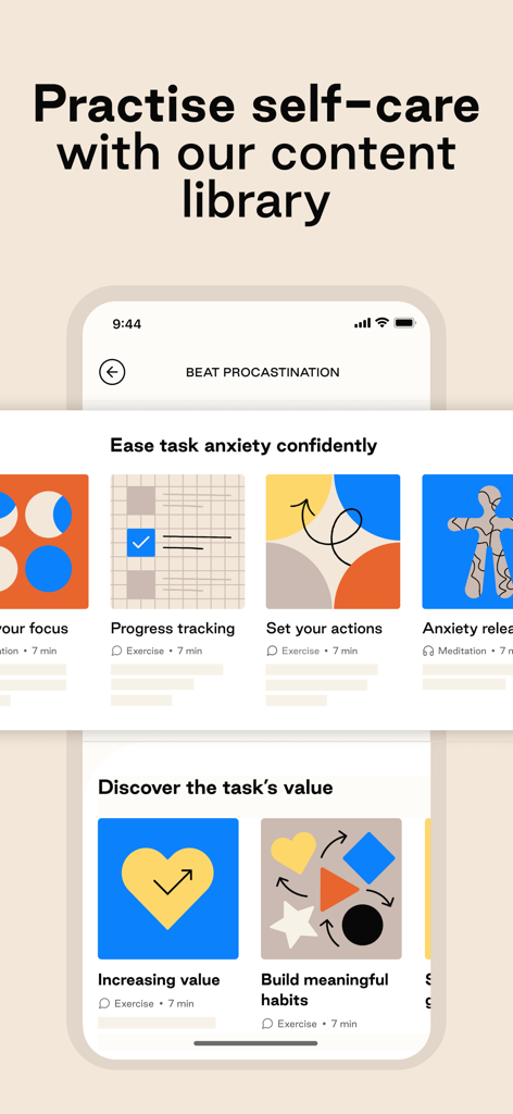 Kyan Health app interface showing a self-care content library with modules for managing anxiety and building meaningful habits