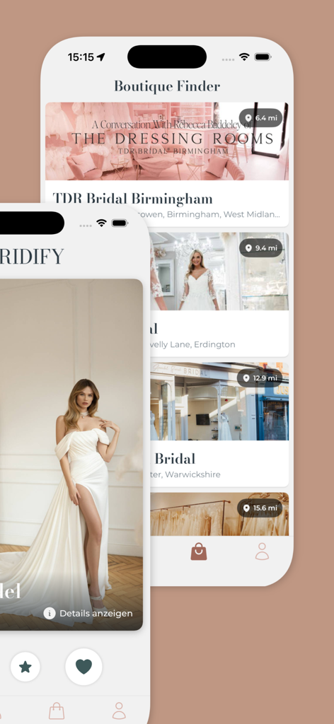 Interfaz de la aplicación Bridify mostrando un vestido de novia y la función de localizador de boutiques.