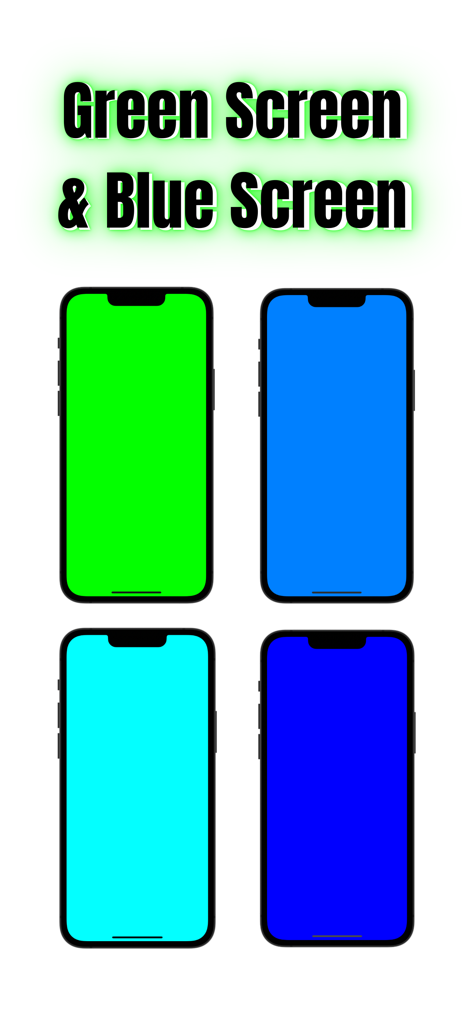 最適化されたグリーンとブルーのスクリーンをさまざまな色合いで表示する4台のiPhone。クロマキービデオ制作用。