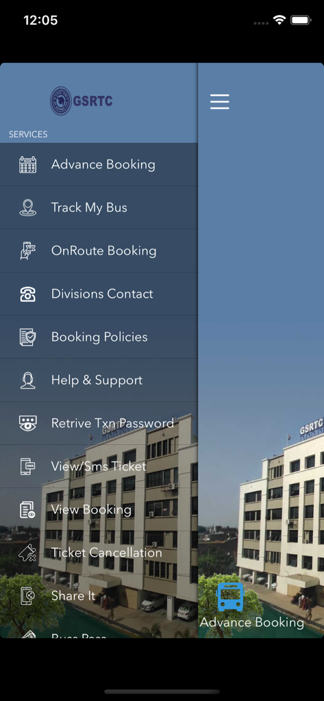 GSRTC mobile app side navigation menu showing booking and tracking services