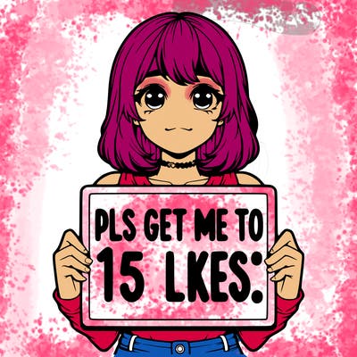 realistic girl holding up a sign that says “pls get me to 15 likes!”
