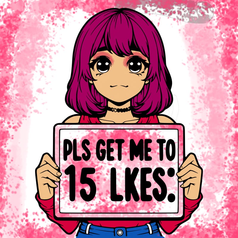 realistic girl holding up a sign that says “pls get me to 15 likes!”
