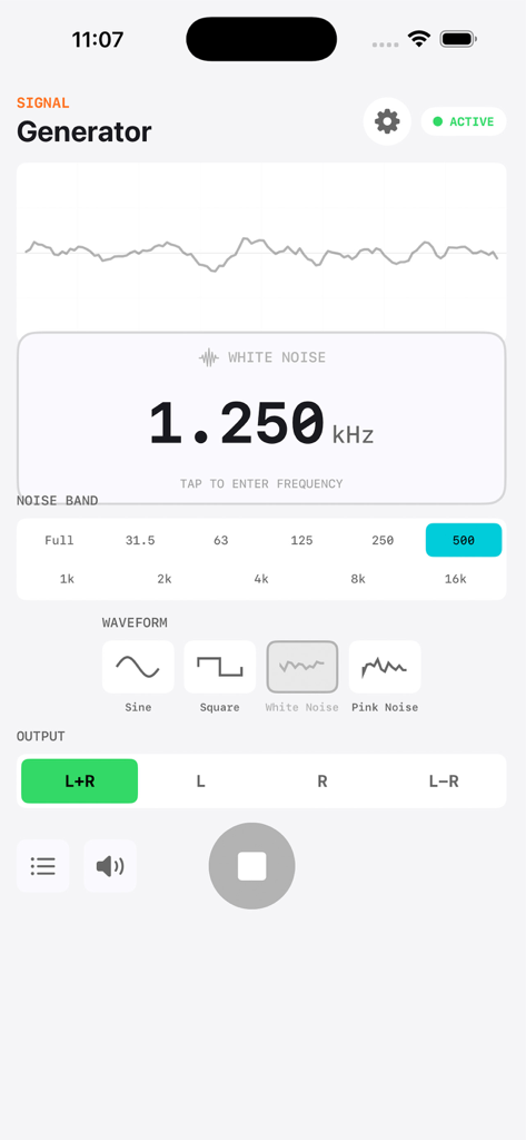 Interfaccia dell'app Signal Generator che mostra una forma d'onda di rumore bianco a 1.250 kHz con controlli di banda di frequenza e uscita