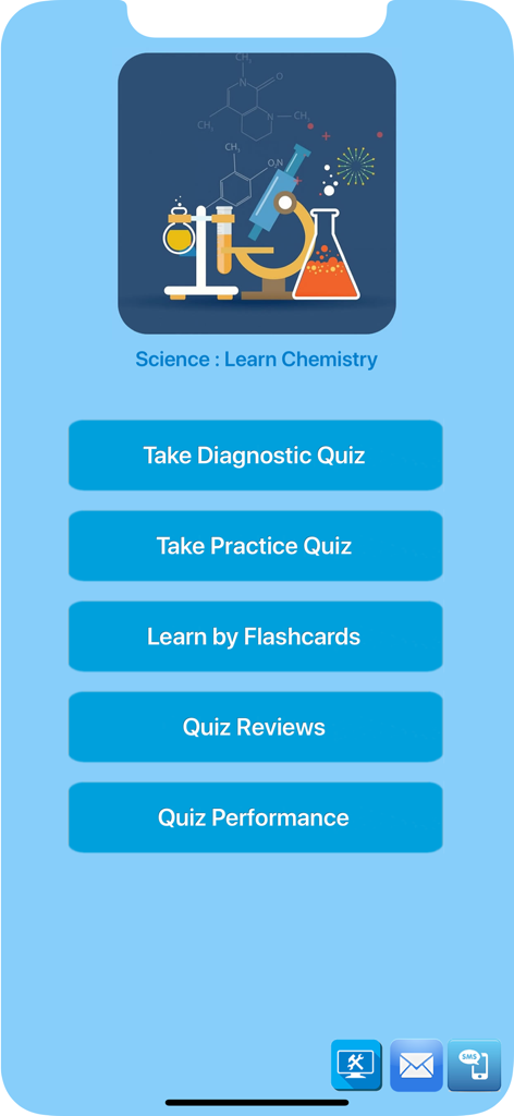Science : Learn Chemistry - Science Learn Chemistryアプリのメインメニュー。クイズとフラッシュカードの学習オプションが表示されています。