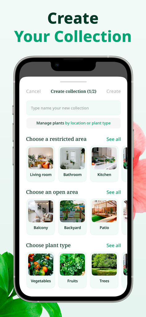 Botanica ID - Plant Identifier - Interface de l'application Botanica ID pour créer une collection de plantes numérique par emplacement et type de plante