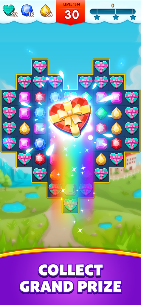 Jewel Legend - Pantalla del juego match 3 de Jewel Legend que muestra un puzzle en forma de corazón y una recompensa de gran premio