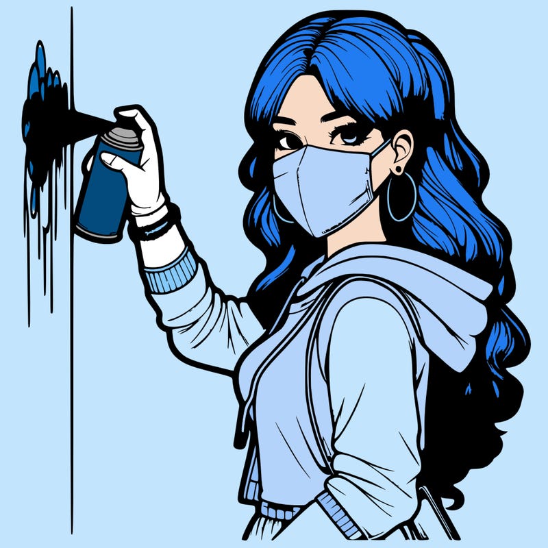 realistic girl with mask spray painting a wall