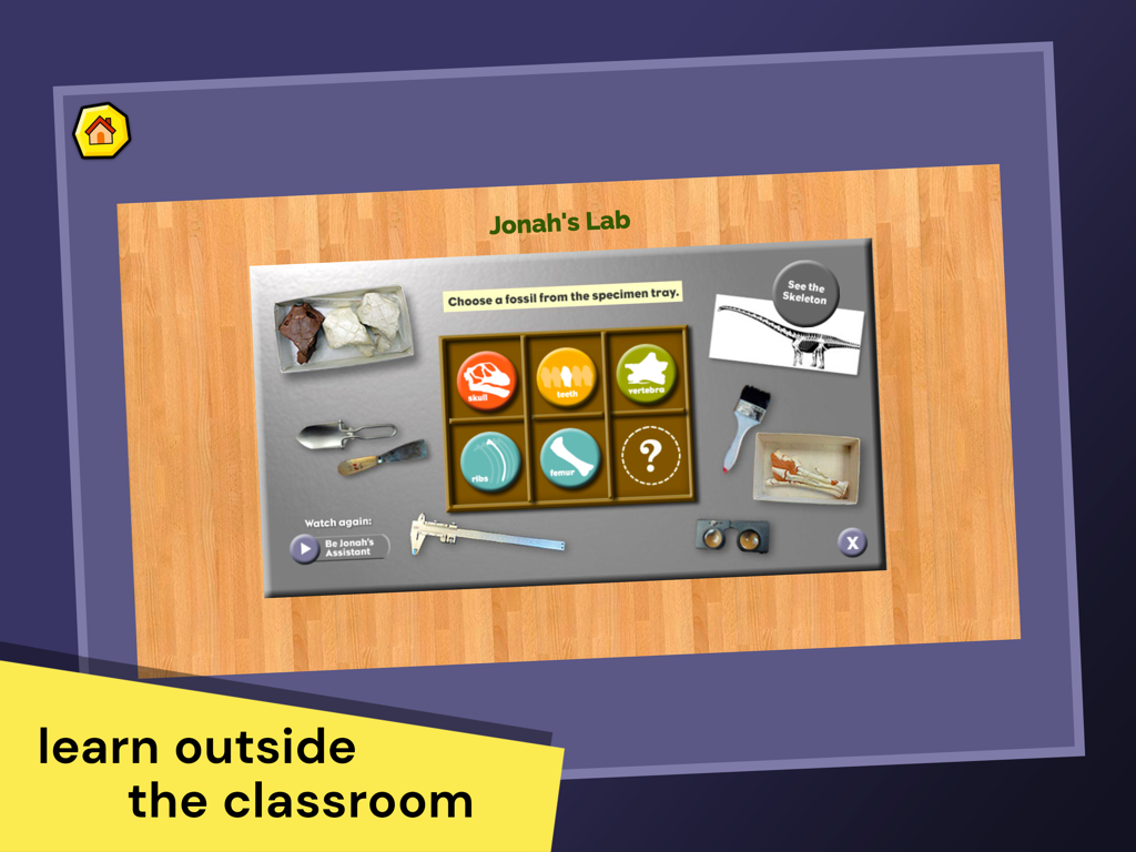 Interactive fossil specimen tray in the OLogy science app for kids.