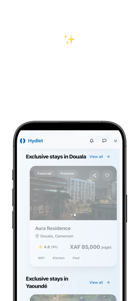 Hydlet - Aplicación móvil Hydlet que muestra estancias de lujo exclusivas en Douala, Camerún
