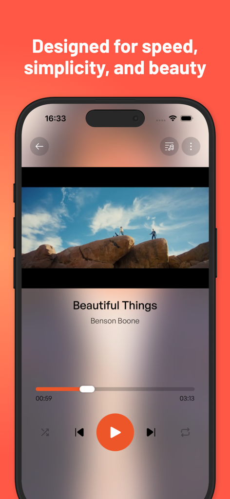 Music  : Cloud Music Streaming - 재생 컨트롤과 미니멀리스트 디자인을 보여주는 iPhone의 현대적인 음악 플레이어 인터페이스